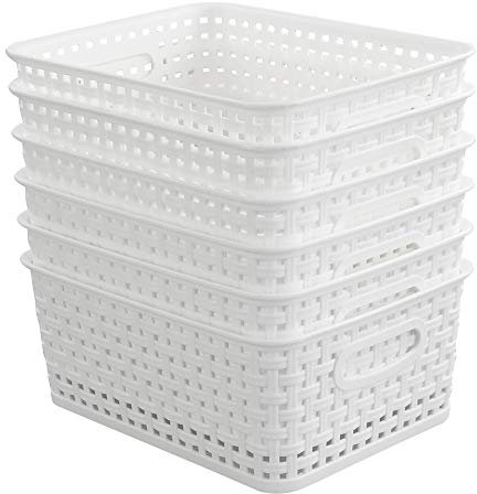 Hokky 6-Pack White Plastic Weave Basket, Woven Rattan Storage Basket, Desktop Storage Box