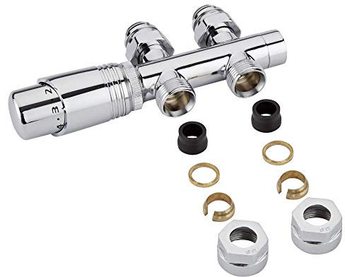 Milano Chrome 3/4 Thread H Block Straight Valve TRV Thermostatic Radiator Valve 15mm Adapters