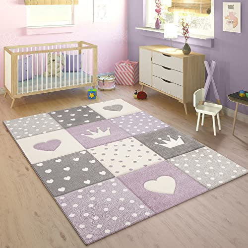 Paco Home Kinderteppich Teppich Kinderzimmer Modern Konturenschnitt Kariert Punkte Herzen Krone Pastell Lila Grau Creme, Grösse:Ø 160 cm Rund