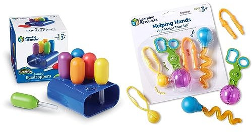 Learning Resources Riesen-Pipetten (Set mit 6 Stück in Halterung) + Helping Hands - Feinmotorik Werkzeugset, kinder pinzette & pipetten, motorikspielzeug, kinder outdoor wasserspielzeug/sandspielzeug
