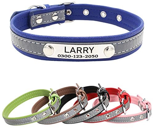 Yonsbox Collier Microfibre Réfléchissant pour Petit Moyen Grand Chien Chat Male Femelle Personnalisé Plaque Identification Médaille Chaton Chiot Fille Gravée Nom Numéro Téléphone