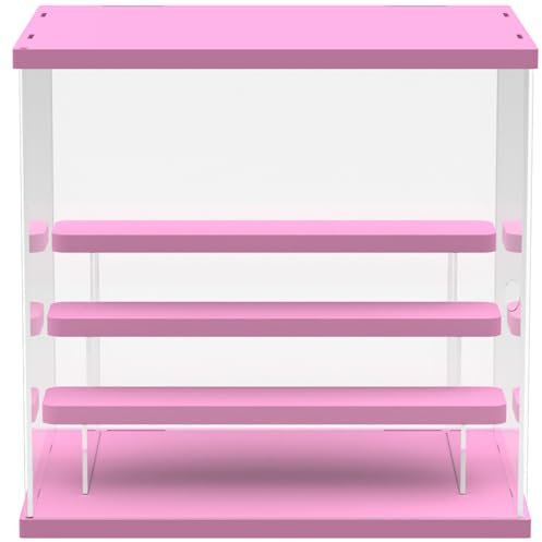 DuvinDD Acrylic Display Case for Doll Toy Barbie Storage Organizer Clear Countertop Showcase Dustproof Protection Collectibles Display Stand Home Storage Box, Pink (12.5 L x 10 D x 12 H)