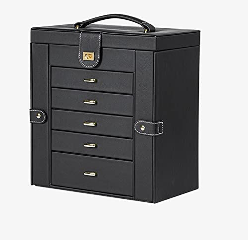 ZHKD Armoire À Bijoux Sur Pied,Coffre De Rangement Pour Bijoux En Cuir Avec Miroir Rabattable, 5 Tiroirs,Grand Rangement