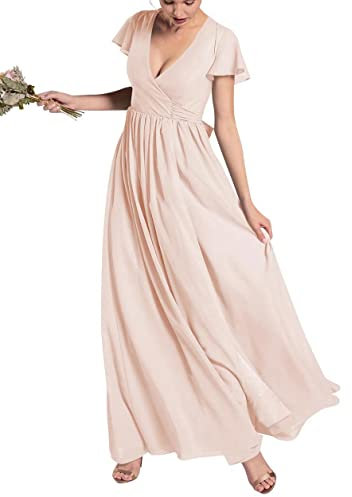 WSEYU C073 Robe de demoiselle d'honneur longue à col en V avec manches courtes en mousseline de soie, rose poudré, 48 plus