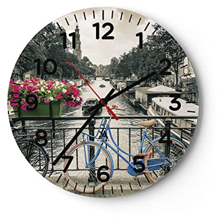 Modern Wanduhr Amsterdam Fahrräder Brücke 40x40cm Rund Groß Wand Uhr Glas Analog Zimmeruhren Küche Büro Wohnzimmer Glasuhr Wall Clock Dekoration Design Wanddekoration Küchenuhr C4AR40x40-4503