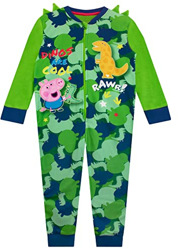 Peppa Pig Boys Fleece Onesie George And Mr Dinosaur Kids All In One Nightwear Green 18-24 Months