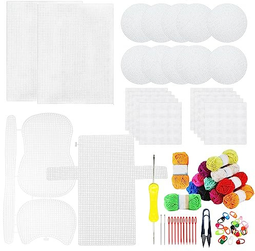Allazone 59 Pz Tela Punto de Cruz de Plástico Hojas de Lona de Malla de Plástico para Proyectos de Punto de Cruz Bordado de Manualidades, 12 Colores Hilo Punto y Ganchillo