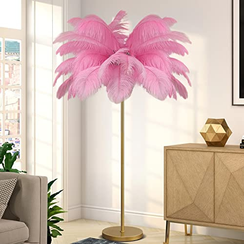 KOSHSH Federlampe Stehlampe Wohnzimmer,Stehlampe Federn Lampe,Palm Tree Straußenfedern Stehlampen,1,6m Hoch 3 Farben Dimmbar,Wohn/Schlafzimmer mit Knopfschalter Dekorbeleuchtung (pink)