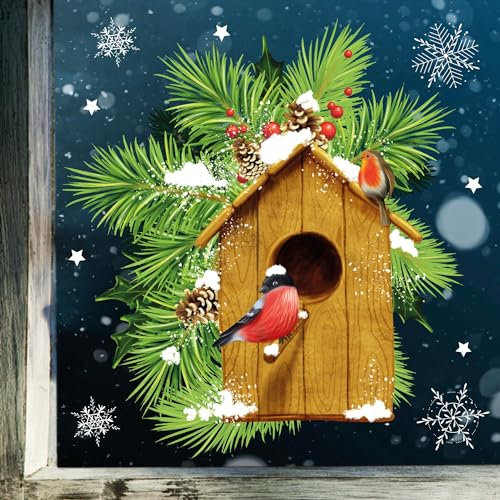 Wandtattoo Loft Fensterbilder Weihnachten Vogel und Vogelhäuschen – Wiederverwendbar – A4 Bogen – Weihnachstdeko Fenster Kinderzimmer, Weihnachtsbilder Fenster, Fensterbild Winter