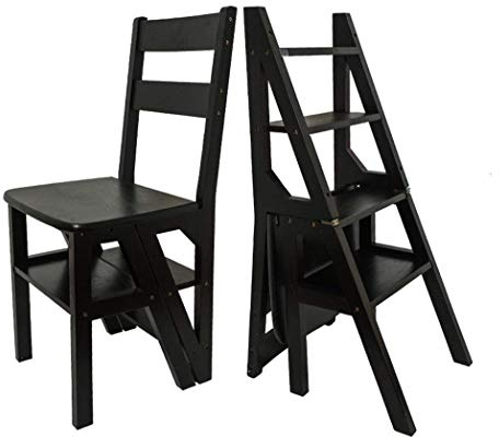 Marches Pliantes Tabouret Échelle Déformable en Bois Massif Multifonctionnel Flip Pliable Design Marchepieds Noir Chaise Pliante Ménage avec 4 Marches Capacité de 150 kg