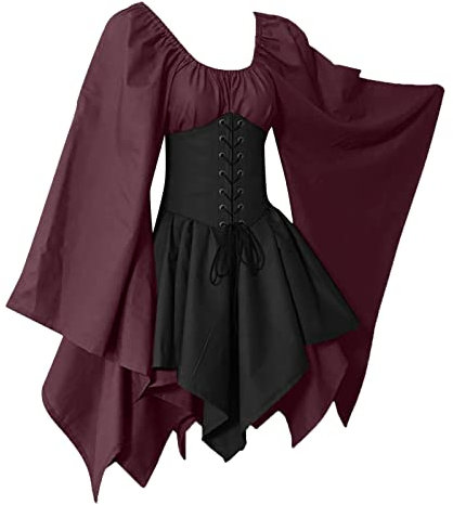 Kleid Wadenlang Damen Renaissance Retro Partykleid Mittelalter Kostüme Damen Bound Waist Elegantes Partykleid Erwachsene Halloween Anzug Lang Kleid für Halloween Karneval Kostüm