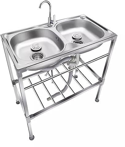 AMMOI Spültisch Edelstahl Küchenspüle Doppelwaschbecken Für Den Außenbereich Mit Heißem Und Kaltem Wasserhahn Mobiles Spültisch 75x40x83cm Für Wäsche Garage