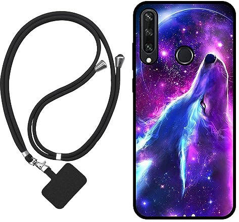 Sunrive Hülle Kompatibel mit Huawei Y6p Case,matt Handyhülle Schutzhülle Etui Karikatur Muster TPU Backcover (Wolf,Mond,Sterne) +1x Universale Handykette MEHRWEG