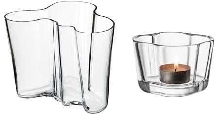 Iittala Set bestehend aus einem Windlicht 60mm klar + Einer Vase 160mm klar, aus Glas hergestellt, Set 1007041+1051192
