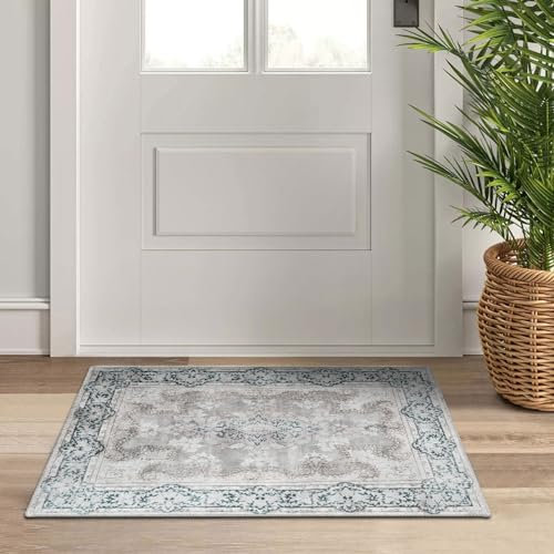 TALETA Fussmatte innen, Kleiner Teppich Vintage Waschbar in Waschmaschine, Bettvorleger dünn Fußmatte rutschfest für Ecke, Küche, Vor dem Bett - grau, 50 x 80 cm