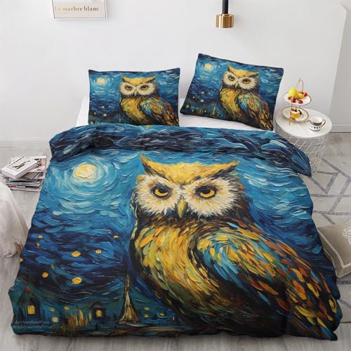 GEDAEUBA Eule Bettwäsche 140x200 Winter - Sternennacht Bettbezug 140x200 2er Set, Wendebettwäsche und Kissenbezug 70x90, Weiche & Angenehme & Warme Mikrofaser Bettwäsche-Sets mit Reißverschluss