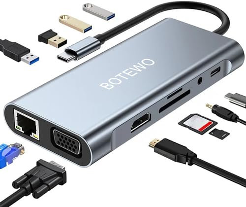 USB C HUB Docking Station: 11-in-1 USB C Adapter mit 4K-HDMI, VGA, USB 3.0 Port, Type C PD, Ethernet RJ45 Port, SD/TF-Kartenles, 3.5mm AUX, USB C Splitter Kompatibel für MacBook Pro/Air (11-in-1)