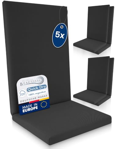 Beautissu 5er Set Premium Hochlehner Auflage 100% Wasserdicht UV-beständig | 120x50cm Anthrazit bequeme pflegeleichte Quick Dry Polsterauflage Sitzkissen Gartenstuhl Gartenmöbel Stuhlauflage QD-HL