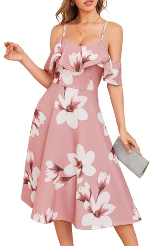 Bbonlinedress Cocktailkleid Damen Herbstkleid midilang elegant Party festliches Trägerkleid Schulterfrei Brautjungfernkleider mit Blumendruck Blush White Flower M