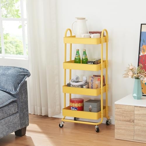 [en.casa] Carro de Servicio con 4 Cestas Estantería de Baño con 4 Ruedas Carrito de Cocina Multiusos Versátil Resistente Acero 104 x 46 x 35 cm - Amarillo