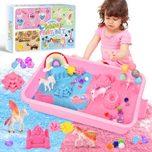 Herenear Arena Magica para Niños de 3+ Años, Unicornio Arena Cinética Kit - Con 1KG Arena Magica (Azul y Rosa), 4 Juguetes Unicornio, 30 Accesorios, Regalo Juego Sensorial Creativo para Niños y Niñas