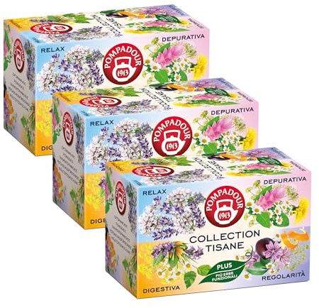 Pompadour, Collection Tisane Plus, 4 Gusti Assortiti, 48 Filtri (3 Confezioni da 16 Filtri), Relax, Depurativa, Digestiva e Regolarità, Senza Lattosio, Glutine e Allergeni, Vegan