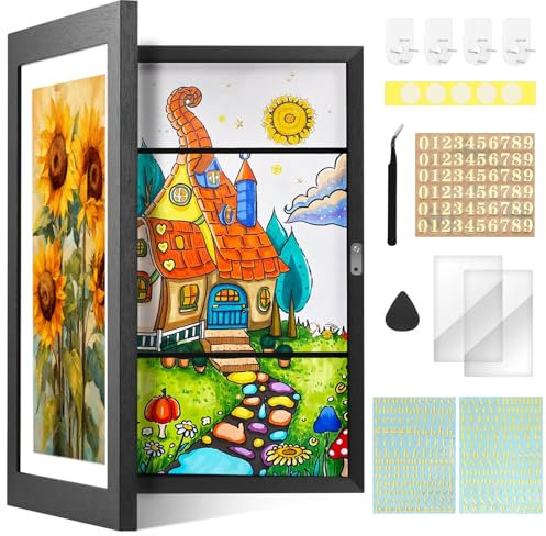 Dulov Bilderrahmen Kinderzeichnungen A3, Kinder Kunst Bilderrahmen Befüllbar, Rahmen für Kinderbilder + Buchstaben Aufkleber, Kunstfotorahmen Aufklappbar mit Frontöffnung - Schwarz