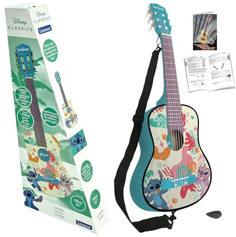 Lexibook, Disney Stitch, Mi Primera Guitarra acústica de Madera, 6 Cuerdas de Nylon, 78 cm, Incluye guía de Aprendizaje, púa y Correa, Azul, K2000D