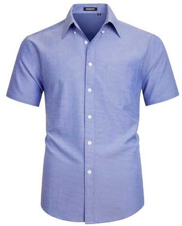 HISDERN Shirts for Men Short Sleeve Oxford Men's Blue Office Shirt Regular Fit Formal Smart Button Down with Pocket, L