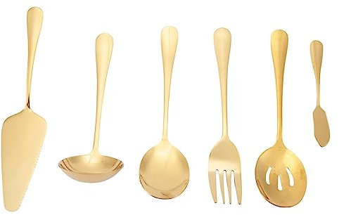 yksiahfi 6-Piece Serving Flatware Silverware Set, Serving Utensil Set,Include Cake Server, Slotted Serving Spoon Gold