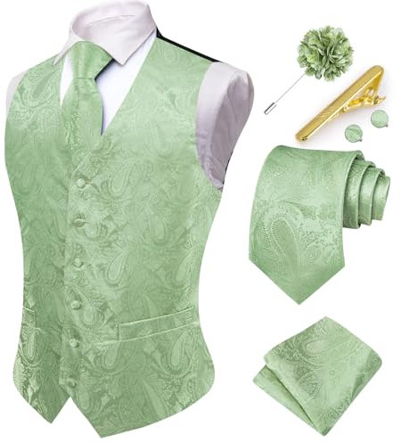 Hi-Tie Herren Anzug Weste und Krawatte Set formelle Weste V-Ausschnitt Paisley Weste und Krawatte Einstecktuch Manschettenknöpfe Set für Hochzeit, Hellgrün, XX-Large