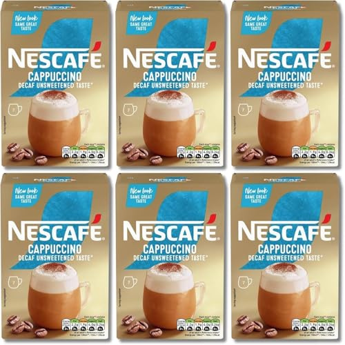 NESCAFÉ Cappuccino Café Décaféiné Sans Sucre en Sachets x7 (Lot de 6, Total 42 Sachets Décaféinés)