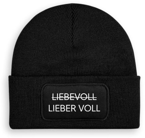 Prozente Momente Lieber voll/Liebevoll - Beanie | Strickmütze | Wollmütze | Beanie mit Druck | lustige Sprüche | Apres-Ski | Winter | Schwarz