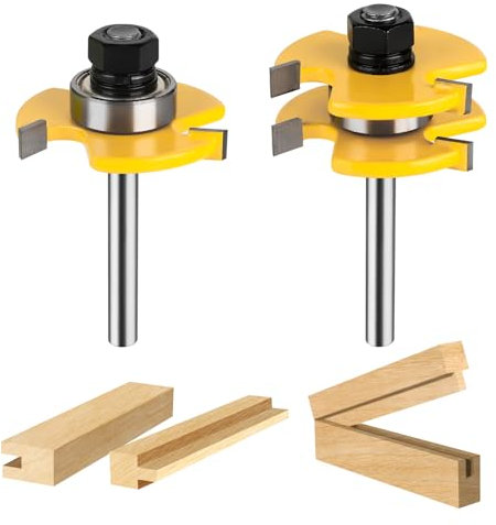 UTRUSTTO Lot de 2 fraises à rainure et languette 1/4 Tige 6,35 mm 3 dents réglables en forme de T Outil de travail du bois