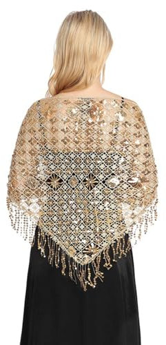 Damen Pailletten Schal Stola Glitzer Dreieckstuch Halstuch mit Quasten Spitze Umschlagtücher Braut Wraps Bestickt Schleier Kopftuch Hüfttuch Quastenschal für Abend Party Hochzeit Bauchtanz