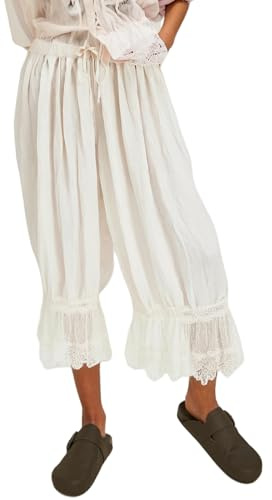 NUFIWI Women Ruffle Long Bloomer Y2k Lace Trim Pettipants Pantaloons Mid Rise Cropped Pajama Pants Under Dress Slips(Cute White,S)