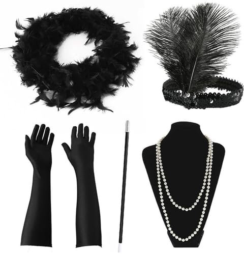 Flapper-Kostüm-Set im Stil der 1920er-Jahre, 5-teiliges Vintage-Accessoire, elegantes Maskerade-Kostüm-Set, ausgefallenes Party-Outfit mit Feder-Stirnband, Perlenkette und langen Handschuhen für Damen