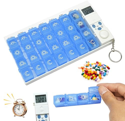Sporgo Tablettenbox 7 Tage mit Alarm: Pillendose 7 Tage 4 Fächer, Medikamentenbox 7 Tage mit Timer und Wecker Erinnerung, Tragbarer Tablettenspender 7 Tage Tabletten Organizer für Medikamente (Blau)