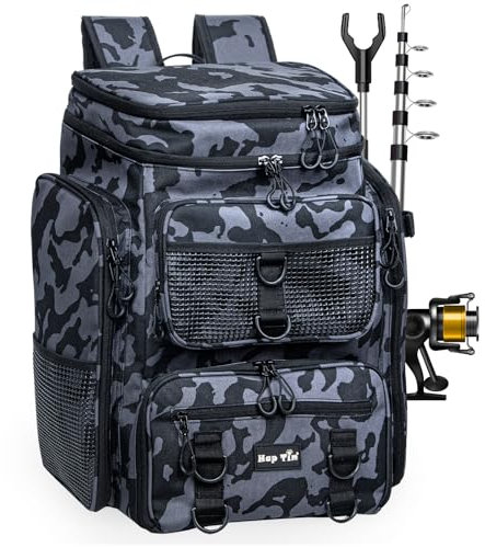 Hap Tim 42L Angelrucksack mit 2 Rod Holder Multi-Tasche Große Angeltasche Ausrüstung Zubehör mit Abnehmbarem Separator Vatertag Weihnachten Männer Geschenke (FB-2308-CM-EU)