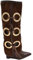 Stivali Donna Alti in camoscio Marrone Applicazioni Oro Modello Shark Risvolto Fino a Terra Zeppa 10 cm con Zip (36 EU)