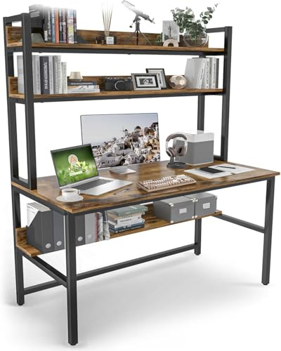 Aquzee Desk with Shelves, 140 cm Home Office Writing Desk with Storage, Study Table Organized with 3 - Tier Storage Shelf for Study, Writing, Workstation, Easy Assemble, Rustic Brown