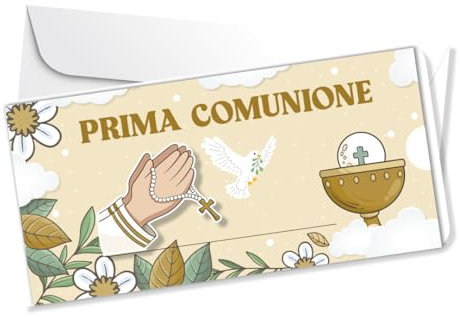 LINA OFFICINE GRAFICHE CREATIVE Biglietto Prima Comunione con Portasoldi, 21x10 cm, Design Floreale con Calice e Colomba, Beige e Bianco