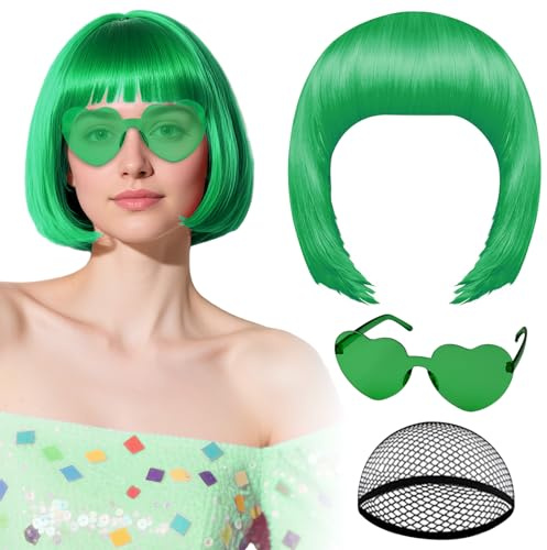Grüne Perücke mit Herz-Sonnenbrille und Haarkappe für Frauen, PLULON Kurze Bob-Perücken, synthetisch, farbig, lustige Cosplay-Haarteile für Frauen und Männer, Alltag, Bachelorette, Halloween