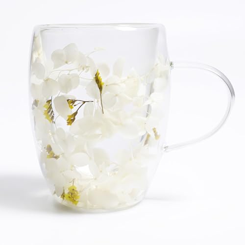 AWSOLAR Dried Flower Cup with Handle, 12.3oz Double Walled Glass Mug for Hot Drinks, Real Flower Mug Birthday Gifts for Mum Girlfriend Teacher