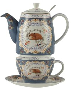 London Pottery Bone China Teapot Set, Teapot and Server Set for One, Animal Pattern Teapot Cup and Saucer Set (Fox)