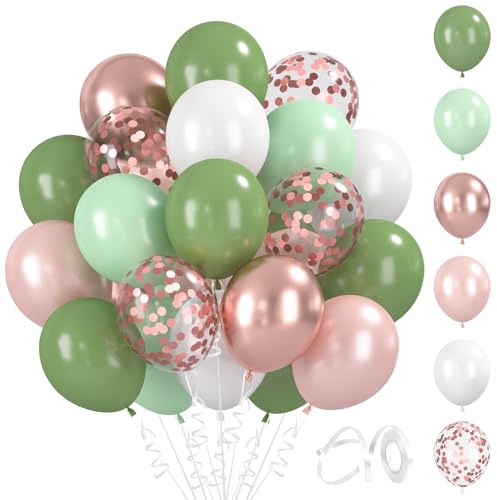 BlooMoo 60 Pièces Ballons Vert Or Rose, 12 Pouces Latex Ballon Vert Blanc et Or Rose, Ballons Metalliques, Ballon Confettis, pour Anniversaire Mariage Décoration de Fête