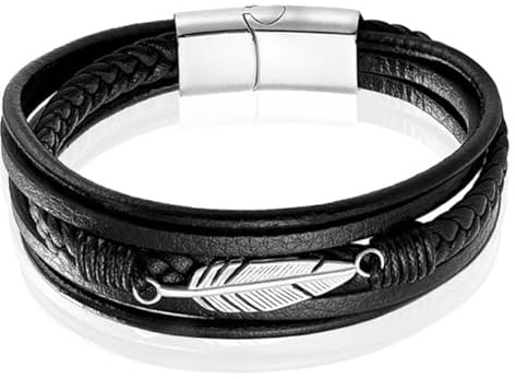 Mendes Schmuck Herren Armband - Robustes schwarzes Leder mit Blattform Stahl Charm - Silber-23cm