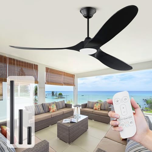 MSHENUED 152 cm Deckenventilator für Innen- & Außenbereich: Modernes Schwarz, inkl. Fernbedienung, 3 Massivholz-Flügel, 6 Geschwindigkeitsstufen. Ideal für Terrasse, Wohnzimmer, Veranda & Garage