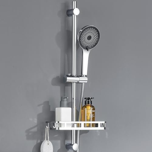 Auralum 70cm Shower Riser Rail Kit with Soap Dish and 5-Mode Handheld Shower Head - 360°Adjustable Shower Head Holder - Anti-Corrosion Premium Stainless Steel for Bathroom, Chrome