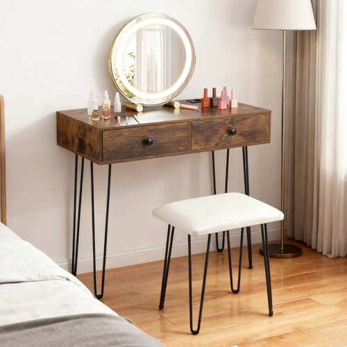 GIANTEX Schminktisch, Frisiertisch Holz mit drehbarem Spiegel, Beleuchtung | Industrie Kosmetiktisch, Ladestation, 2 Schubladen, Metallfüßen, gepolstertem Hocker für Salon, Schlafzimmer